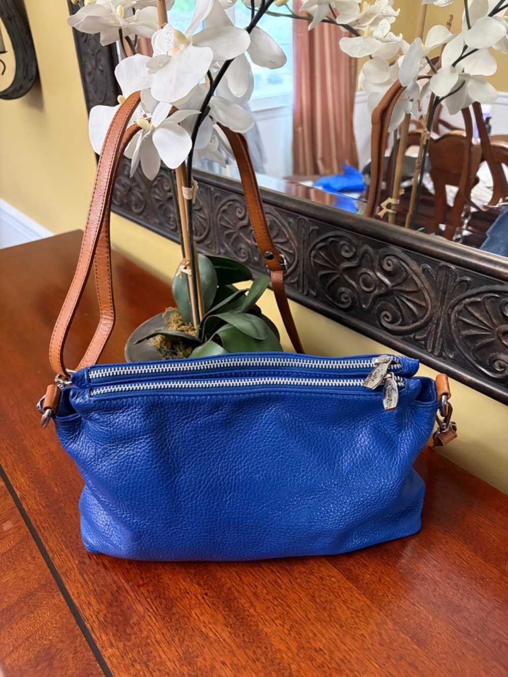 Valentina Triple Entry Pebbled Blue Leather Crossbody with Tan Strap